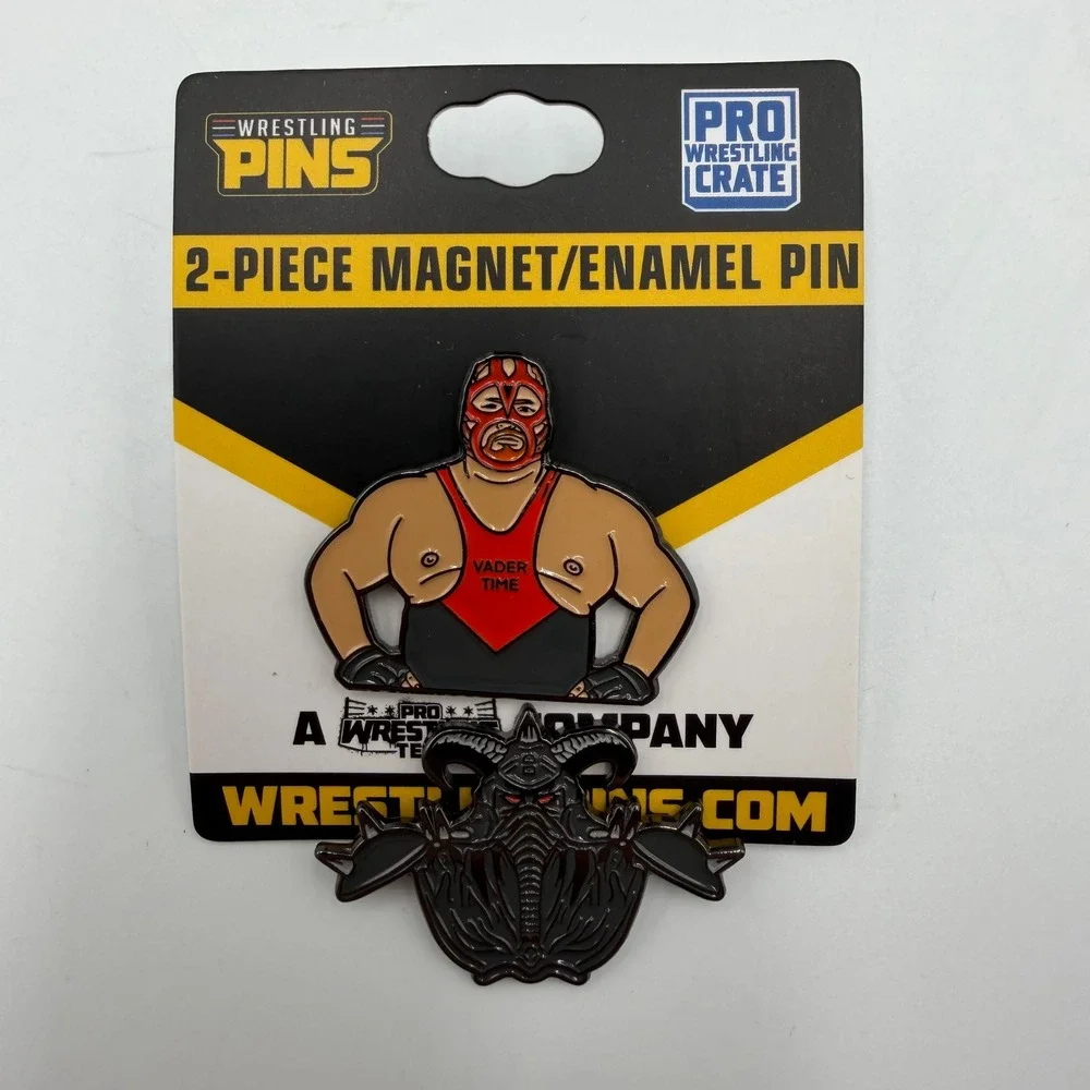 Vader Pro Wrestling Crate 2-Piece Magnet Enamel Pin Mask Set WrestlingPins NEW